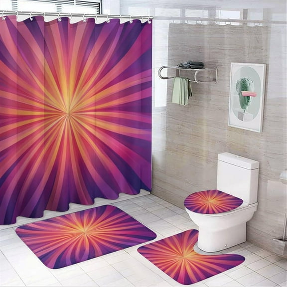 4Pcs Purple Red Floral Shower Curtain Set with Toilet Lid Cover U-Shaped Mat and Non-Slip Rugs, Abstract Petal Gradient Art Shower Curtain Bathroom Decor Set, 72" X 72"
