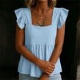 thumbnail image 6 of hlysgo Womens Square Neck Top Ruffle Short Sleeve Palazzo Tops Cute Smocked Babydoll Summer Blouses Light Blue,XL, 6 of 6