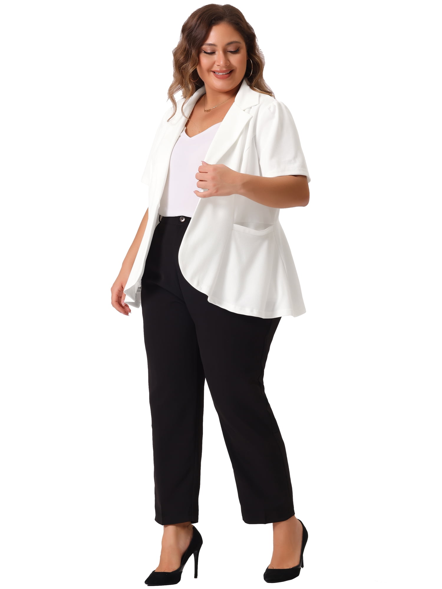 DARING DIVA Women's Plus Short Sleeve Work Button Jacket Suit Blazers White 3X