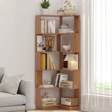 6-Tier Freestanding Bookshelf L-Shaped Corner Bookcase with Anti-Drop Panle and Rounded Corner Design Display Shelf Open Storage Rack Organizer for Home Office Dark Oak