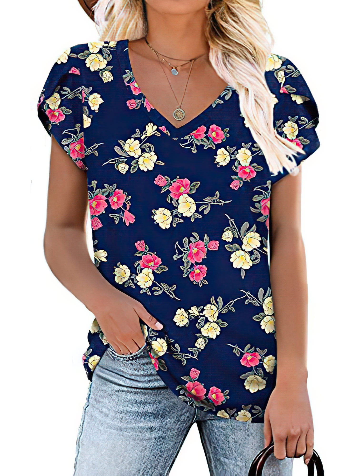 Amoretu Womens V Neck Shirts Petal Sleeve Flower Print Summer Tops Navy ...