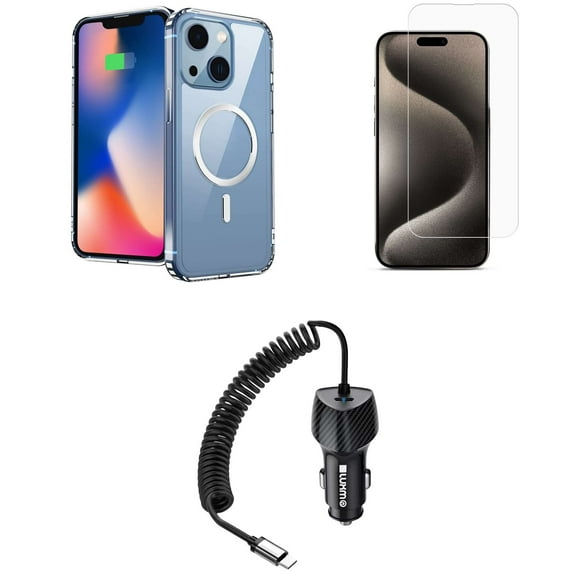 Bemz Phone Case for iPhone 15 with Magnetic Charging Slim Shock Absorbent Silicone Cover, Tempered Glass Screen Protector, 40W USB C Car Charger Adapter - 5 Foot (Clear)