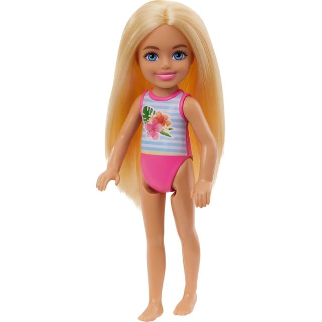 Muñeca pequeña Barbie Chelsea con traje de baño a rayas y estampado floral
