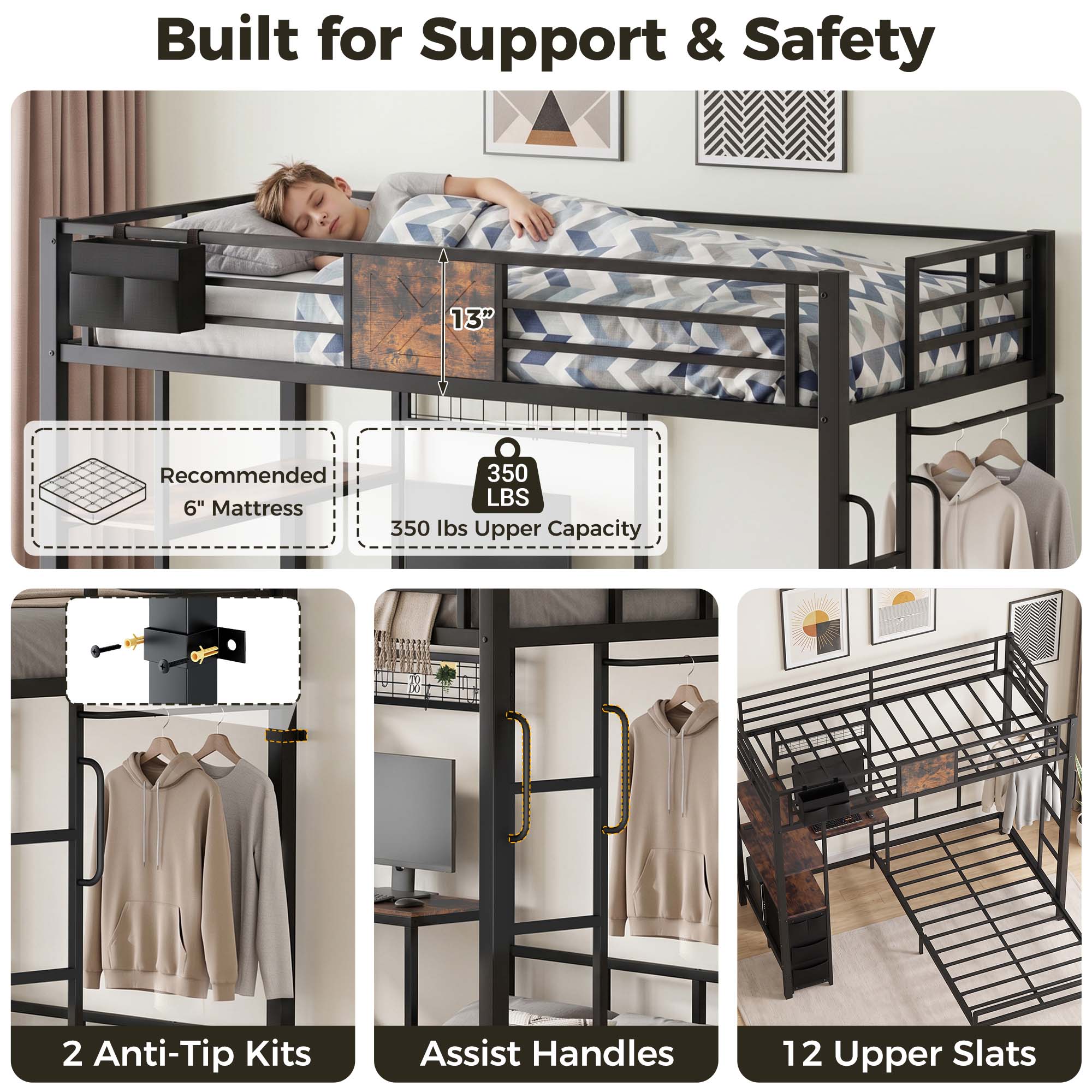 Miniyam Twin XL Over Twin Metal Bunk Bed with L-Shaped Desk, Storage Drawers, RGB LED Light and Charging Station, Black