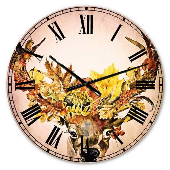 Designart 'Roe Deer with Flowers' Traditional wall clock