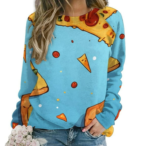 Fun Pizza Womens Casual Crewneck Sweatshirt Long Sleeve Tops Cute Pullover Loose Fit