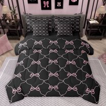 jejeloiu Cute Bowtie Ribbon 7pcs Bedding Comforter Set,Cartoon Bow Knot Queen Bedding Sets,Pink Black Queen Sheet Sets For Girls,Super Cozy Room Decor Reversible