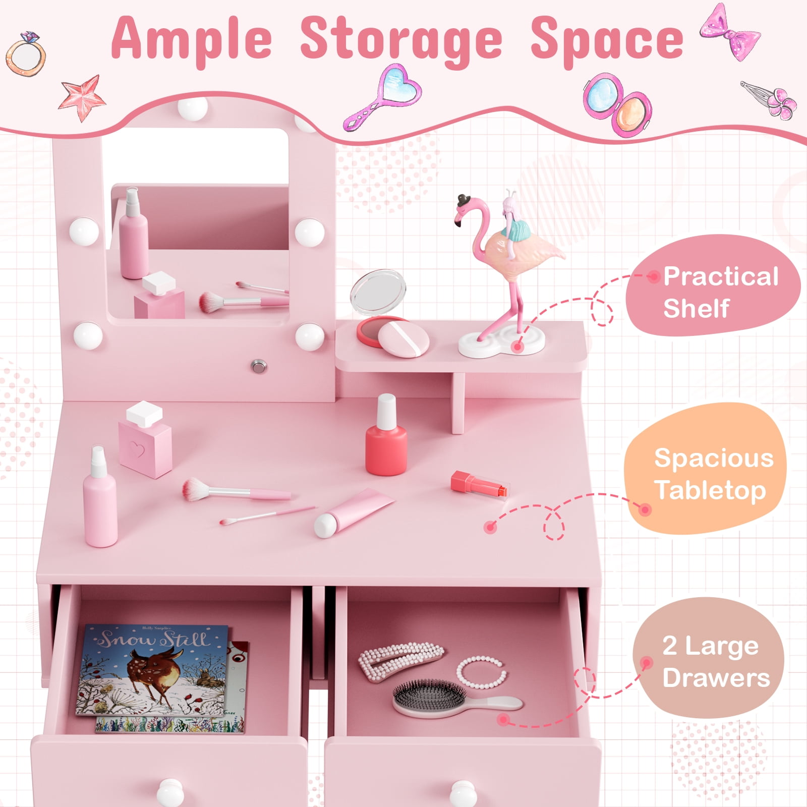 Arlopu Kids Wooden Vanity Table and Stool Set, Toddlers Makeup Dressing Table with Mirror, Drawer & LED Lights