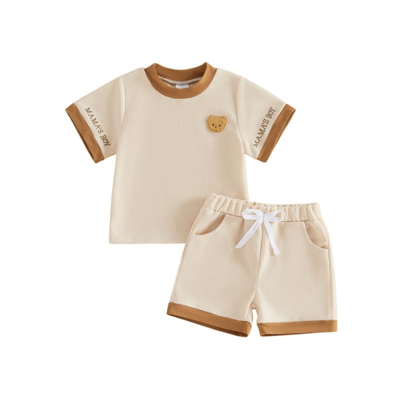 BemeyourBBs Toddler Baby Boys Summer Clothes Infant Baby Boy Mothers Day Outfits Waffle Knit Bear Letter Embroidery Short Sleeves T-Shirt and Elastic Shorts Set