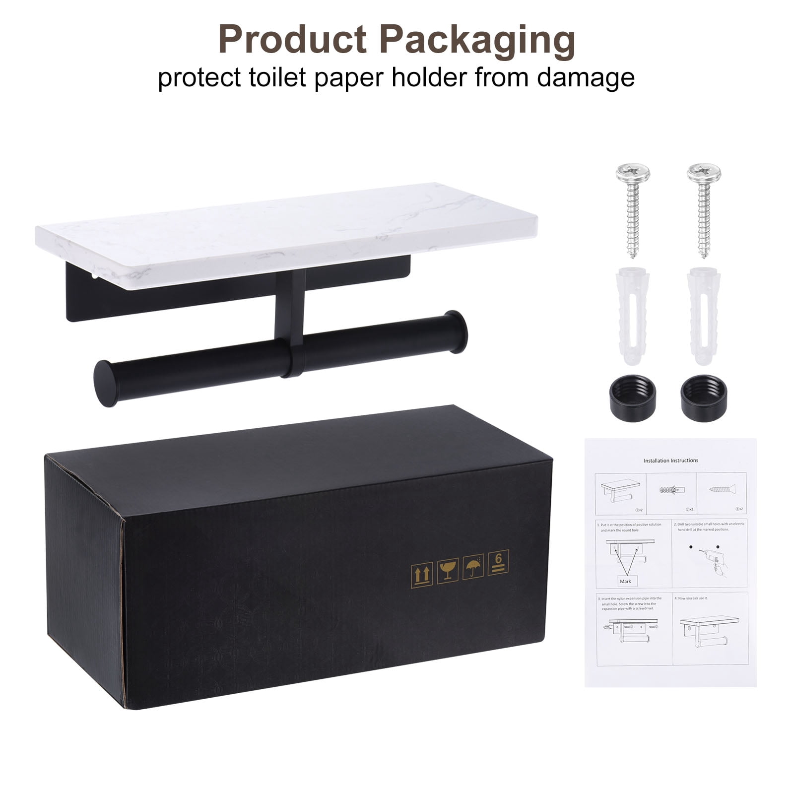 Unique Bargains Toilet Paper Holder with Marble Shelf Modern Design for Bathroom Black