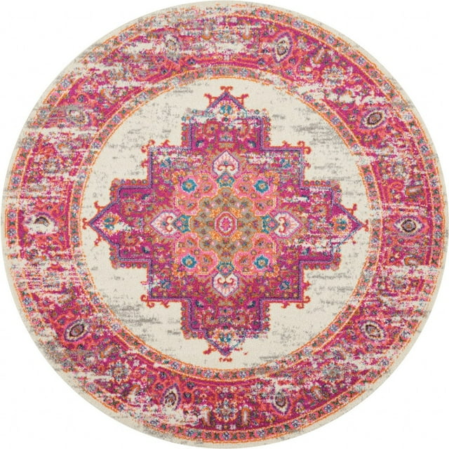 homeroots home decor 385322 4’ Round Ivory and Fuchsia Distressed Area Rug