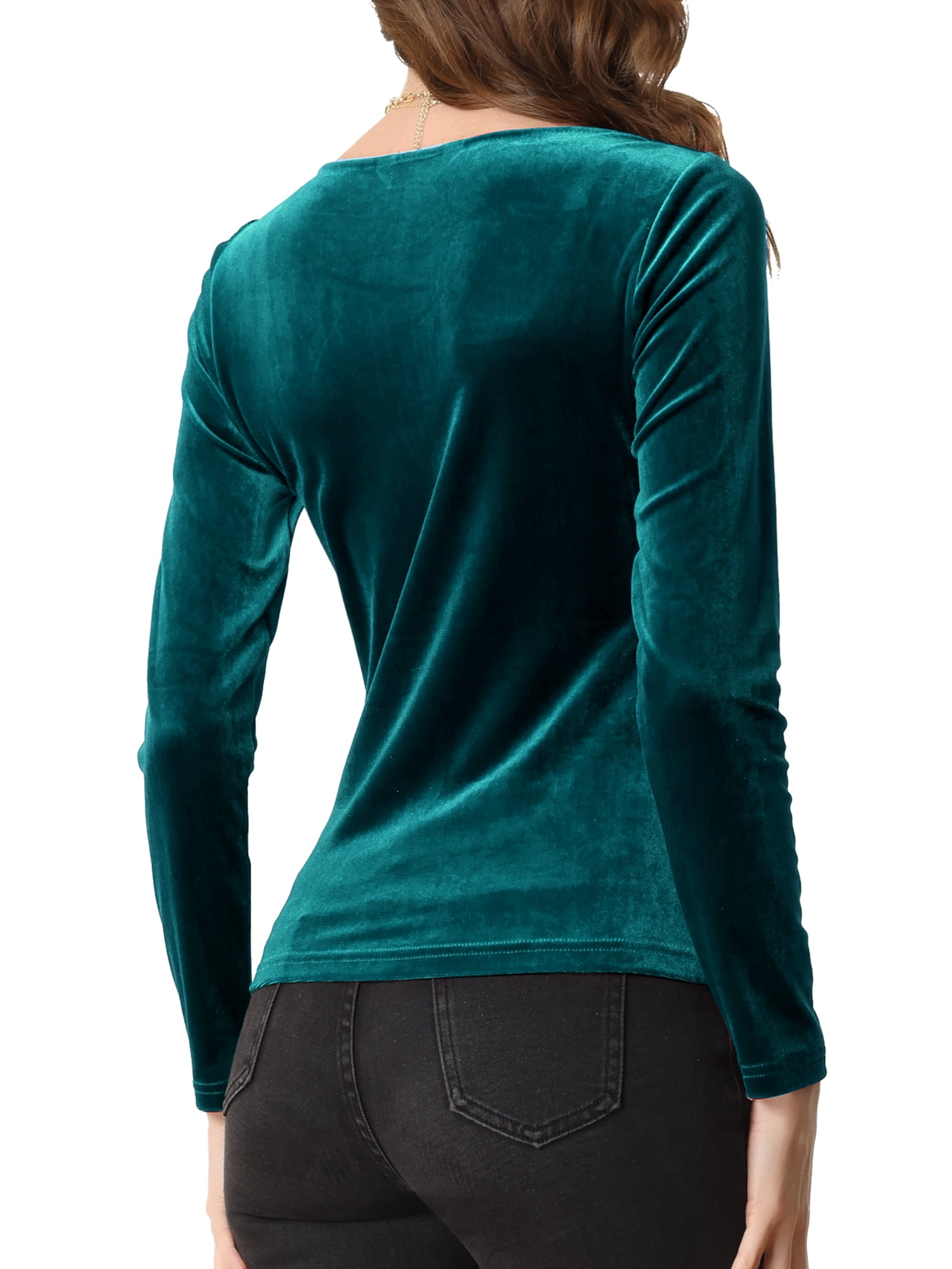 Unique Bargains Women's Velvet Square Neck Long Sleeve Top T-Shirt Blouse Green XL