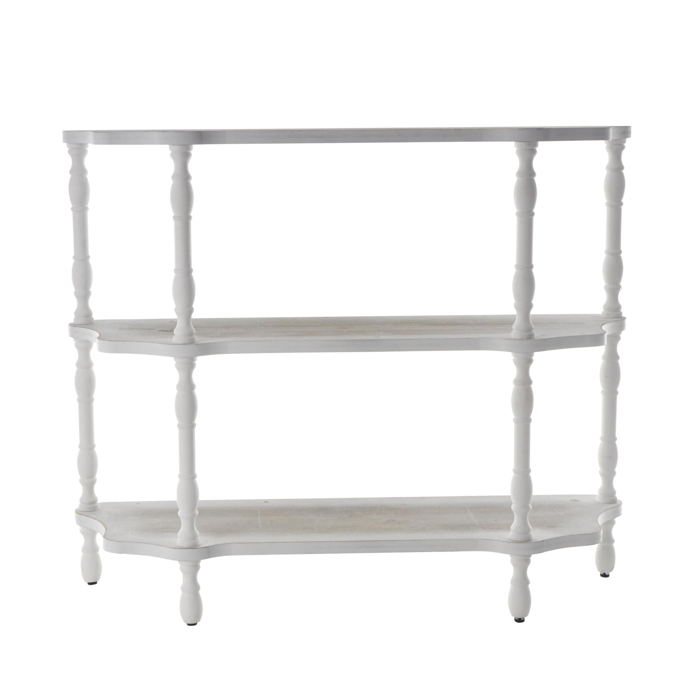 DecMode 47" x 38" White Wooden Washed 3-Tier Shelving Unit with Turned Legs and Wavy Corners, 1-Piece