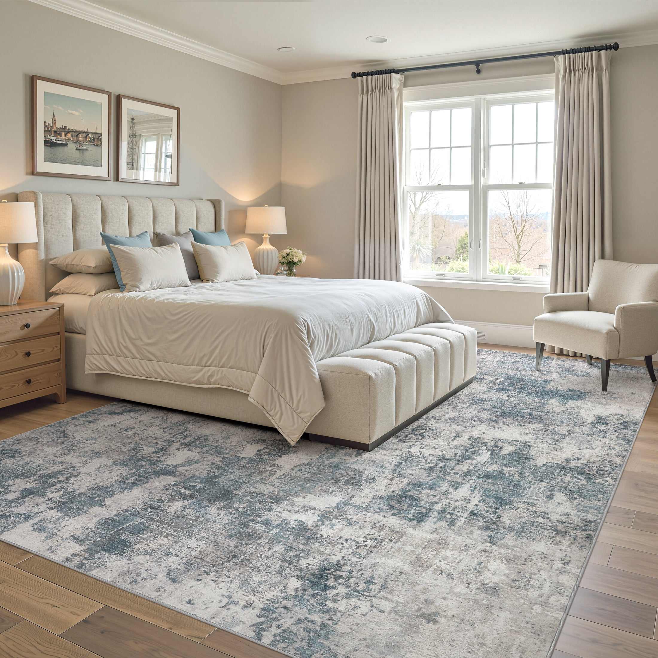 UERMEI 9x12 Washable Area Rugs for Living Room, Modern Abstract Printed Rug, Vacuum-Friendly, Non Slip Indoor Rug for Bedroom Dining Room Home Decor Carpet, Dark Blue/Gray
