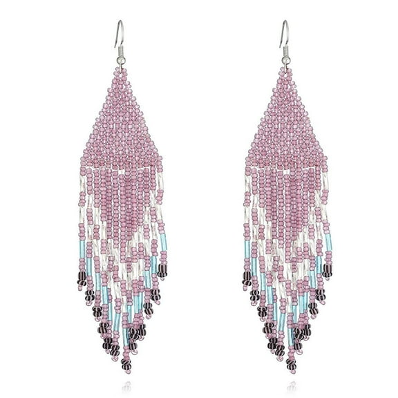 Boho Native Long Tassel Beaded Earrings for Women Tribal Ethnic Native Seed Beads Fringe Drop Dangle Earrings,Large Colorful Chandelier Earrings Statement Handmade Jewelry(purple)