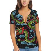 Women Short Sleeve Deep V Neck Tops T-Shirts Summer Tees, Dragon Asian Chinese Zodiac