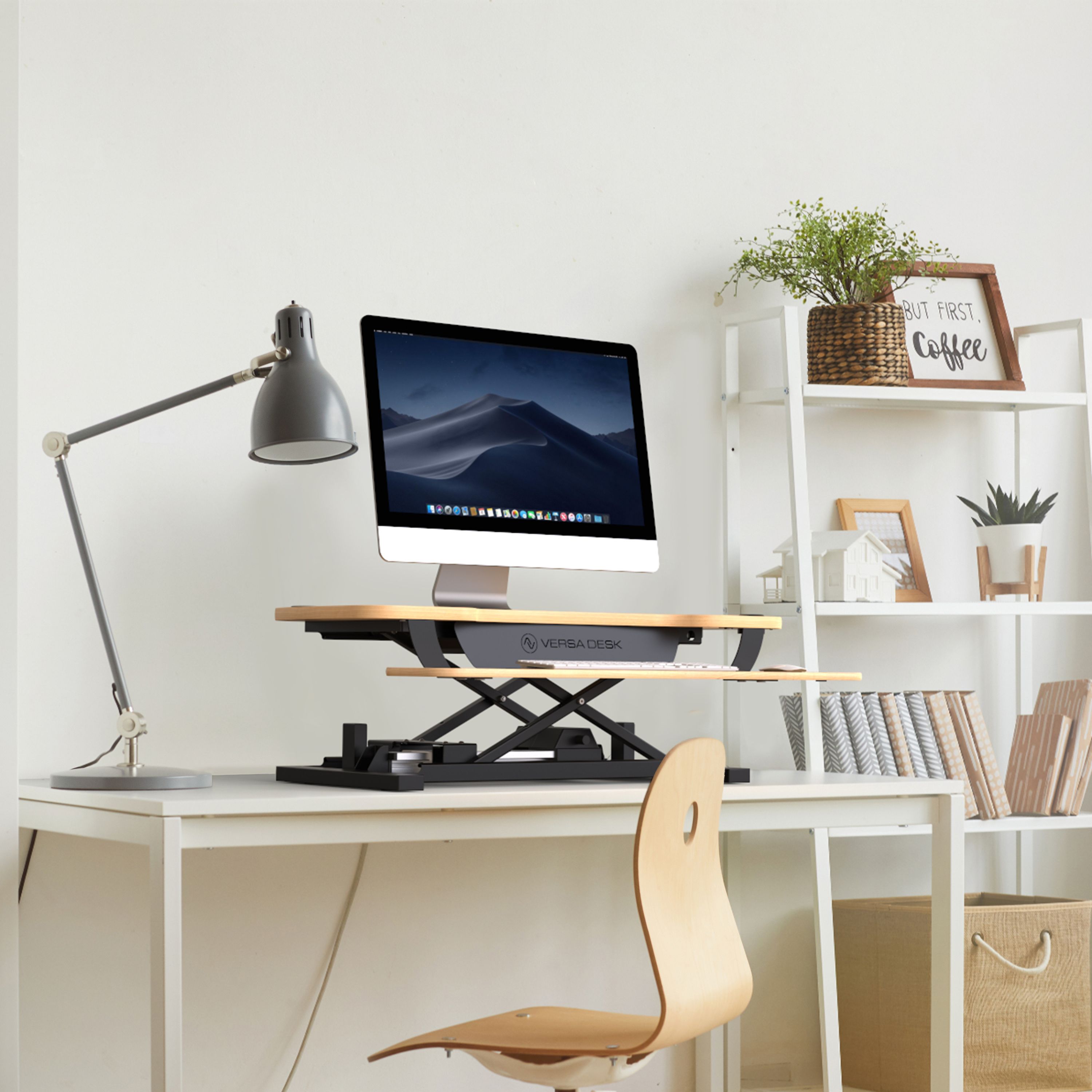 VersaDesk PowerPro Elite 48" Electric Standing Desk Converter w/ Programmable Switch, USB Port & Mobile APP, Maple