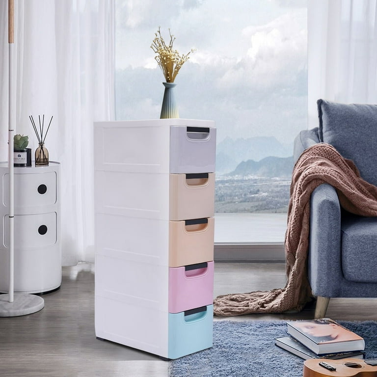 Oukaning 5-Layer Plastic Drawers Dresser Stack-able Clothes Storage Box Vertical Organizing Cases with 4 Wheels, Size: 20*40*84cm/7.87*15.75*33.07in