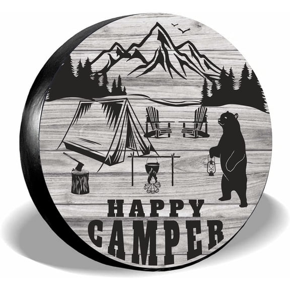 Happy Camper Bear Wooden Board Spare Tire Covers Polyester Wheel Cover Tyre Protector with Elastic Band Universal for Jeep Trailer Truck Camper (15" Fit 27-29 Inch Tire Diameter) Making DIY