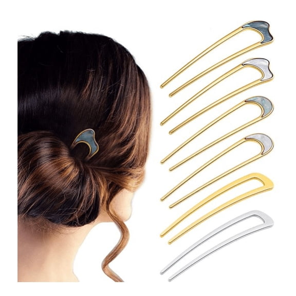 Topboutique 6 Pieces Simple Metal U Shaped Hair Pin French Style Hairpins Fork Sticks 2 Prong Updo Chignon Pins Hair Accessories for Long Hair Women Girls