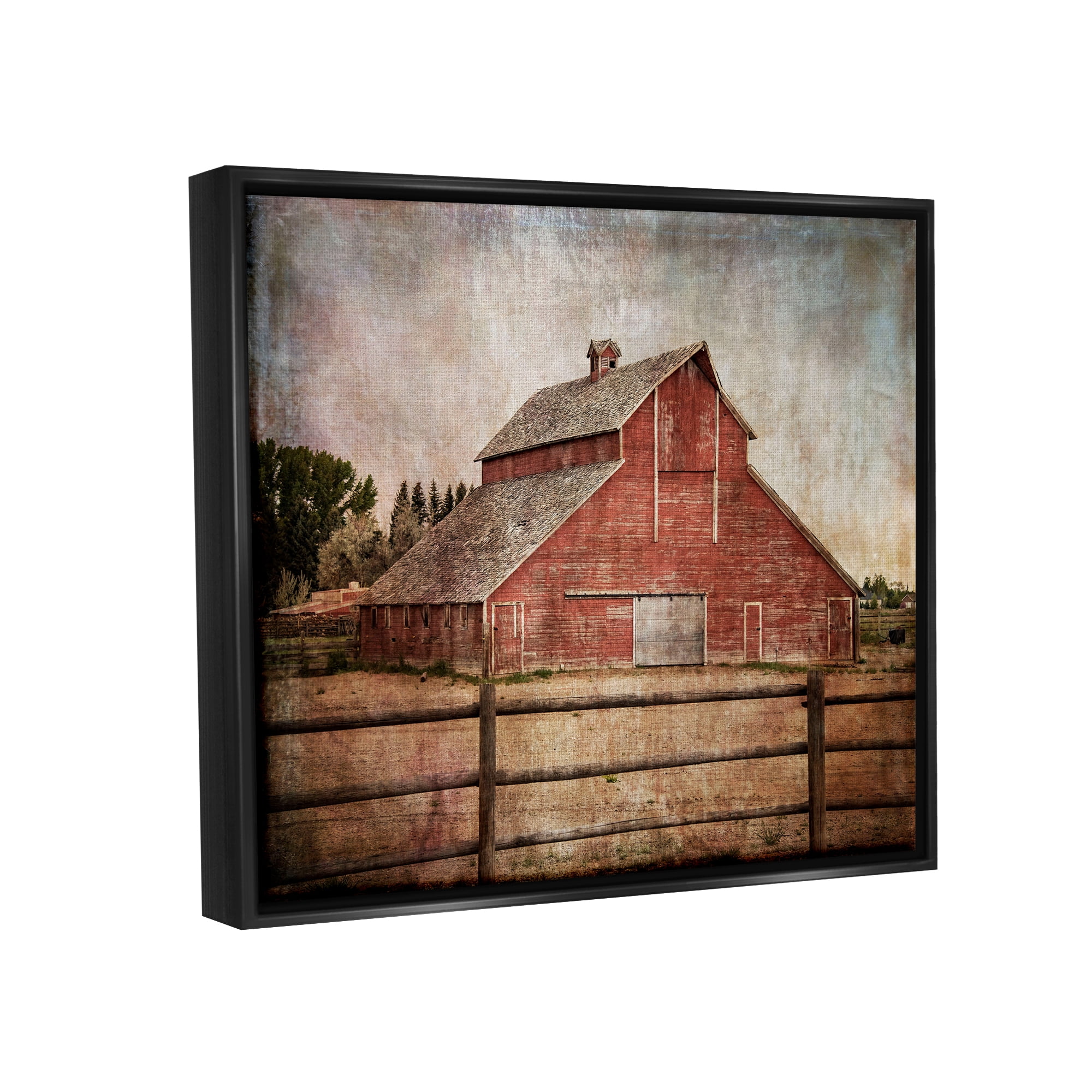 Stupell Industries Vintage Rustic Barn Landscape Painting Black Floater Framed Canvas Art Print Wall Art, 31 x 25
