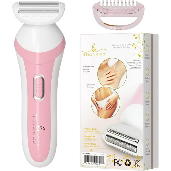 BELLA CIAO Cordless Women’s Full Body Electric Shaver with Trimming Guide & Cleaning Brush, Pink