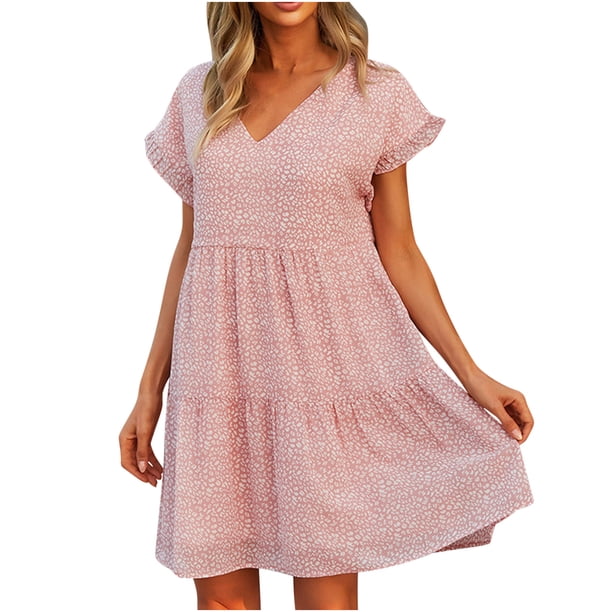 Vestido de manga corta de playa bohemio floral con mangas de hoja y cuello en V para mujer Fridja bnh6046
