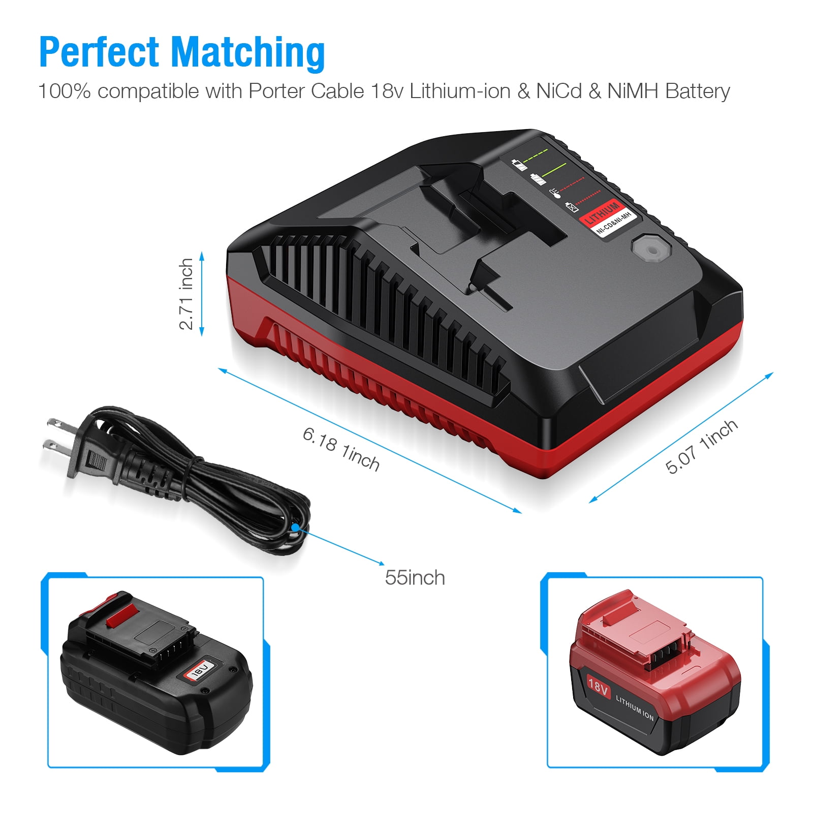 Details about   18V Battery /20V Charger For Porter Cable PCXMVC Lithium NiCd NiMh PC18B PC18BLX 