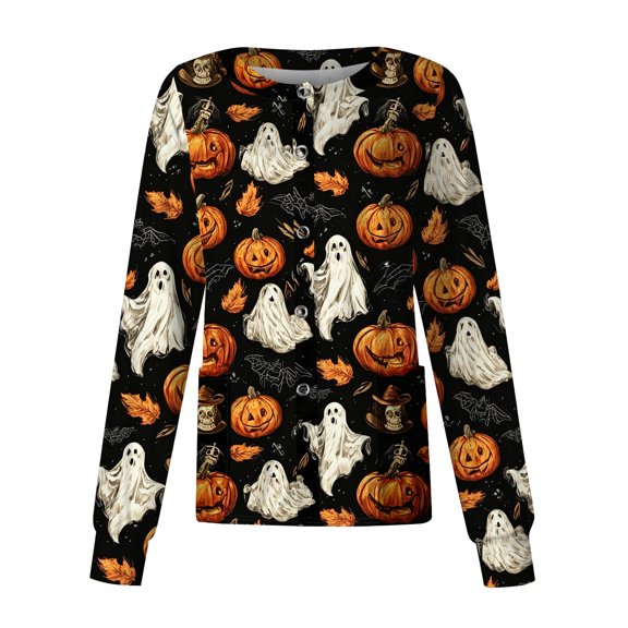 Domzest Women's Halloween Nurse Jacket Halloween Graphic Button Front Nurse Uniform Cute Long Sleeve Medical Workwear Jacket Navy 3XL