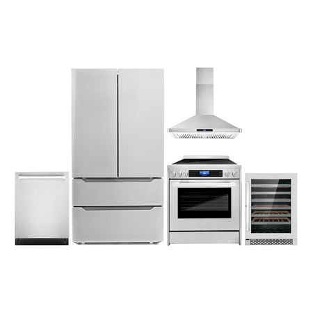 Cosmo 5 Piece Kitchen Appliance Packages with 30  Freestanding Electric Range 30  Wall Mount Range Hood 24  Built-in Fully Integrated Dishwasher French Door Refrigerator & 48 Bottle Wine Refrigerator