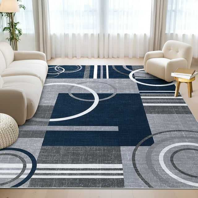 HOMERRY Area Rugs 8' x 10' Rug for Living Room Geometric Washable Non-Slip Indoor Carpet for Home Decor, Navy