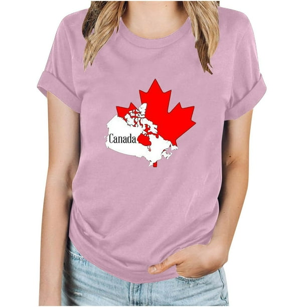 Camisetas de Manga Corta para Mujeres Canadá Día Hoja de Arce Impresión Básica de Verano Tee, Cuello Redondo Camiseta Casual