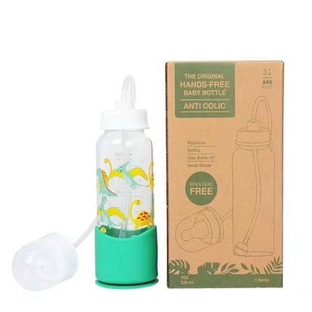 Hands-Free Baby Bottle - Anti-Colic Feeding Baby Bottle System 7 oz Glass Bottle (1 Pack - Dinosaur)