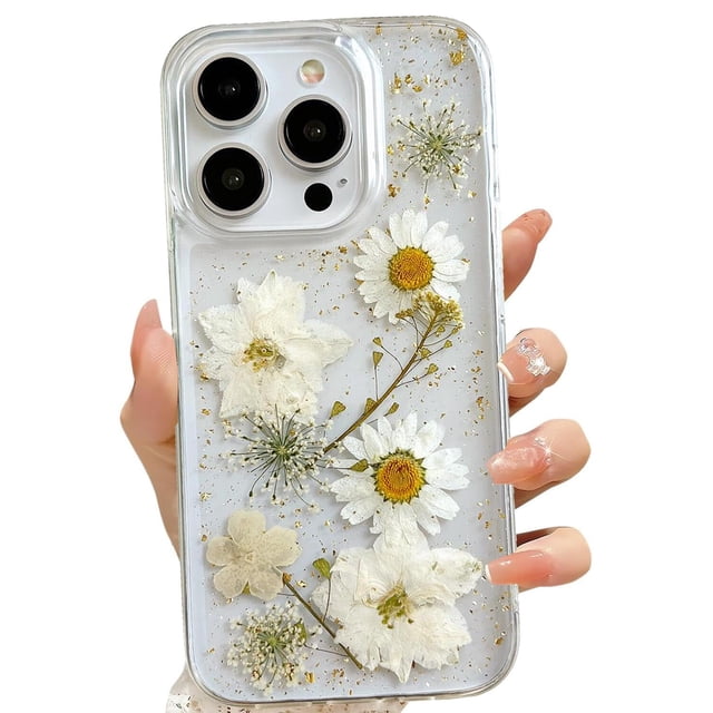 Funda de teléfono LSEEKA para iPhone 15 Pro transparente con flores reales