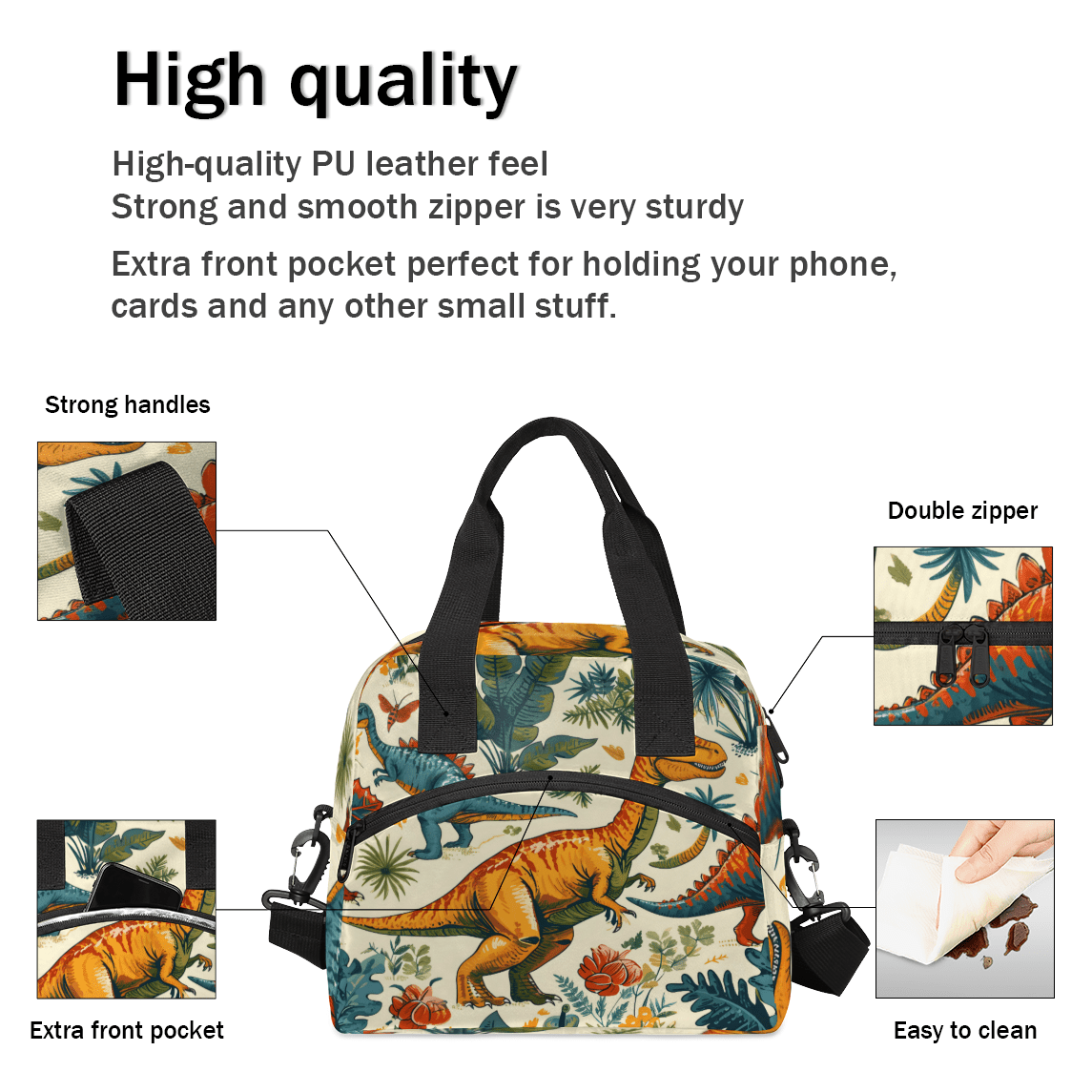 Herdesigns Dinosaur Insulated Lunch Bag for Women Men Adults Large Reusable Lunch Box Animals Leakproof Cooler Tote Bags with Adjustable Shoulder Strap