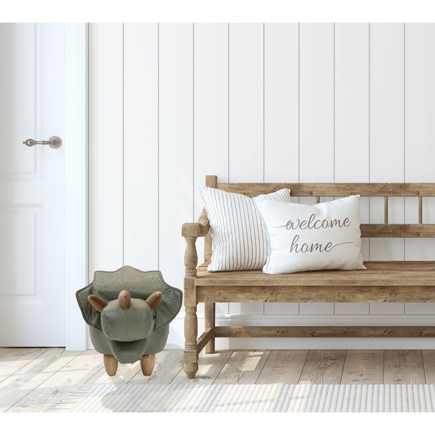 Critter Sitters 14-In. Seat Height Green Triceratops Dinosaur Animal Shape Ottoman - Furniture for Nursery, Bedroom, Playroom, and Living Room Decor