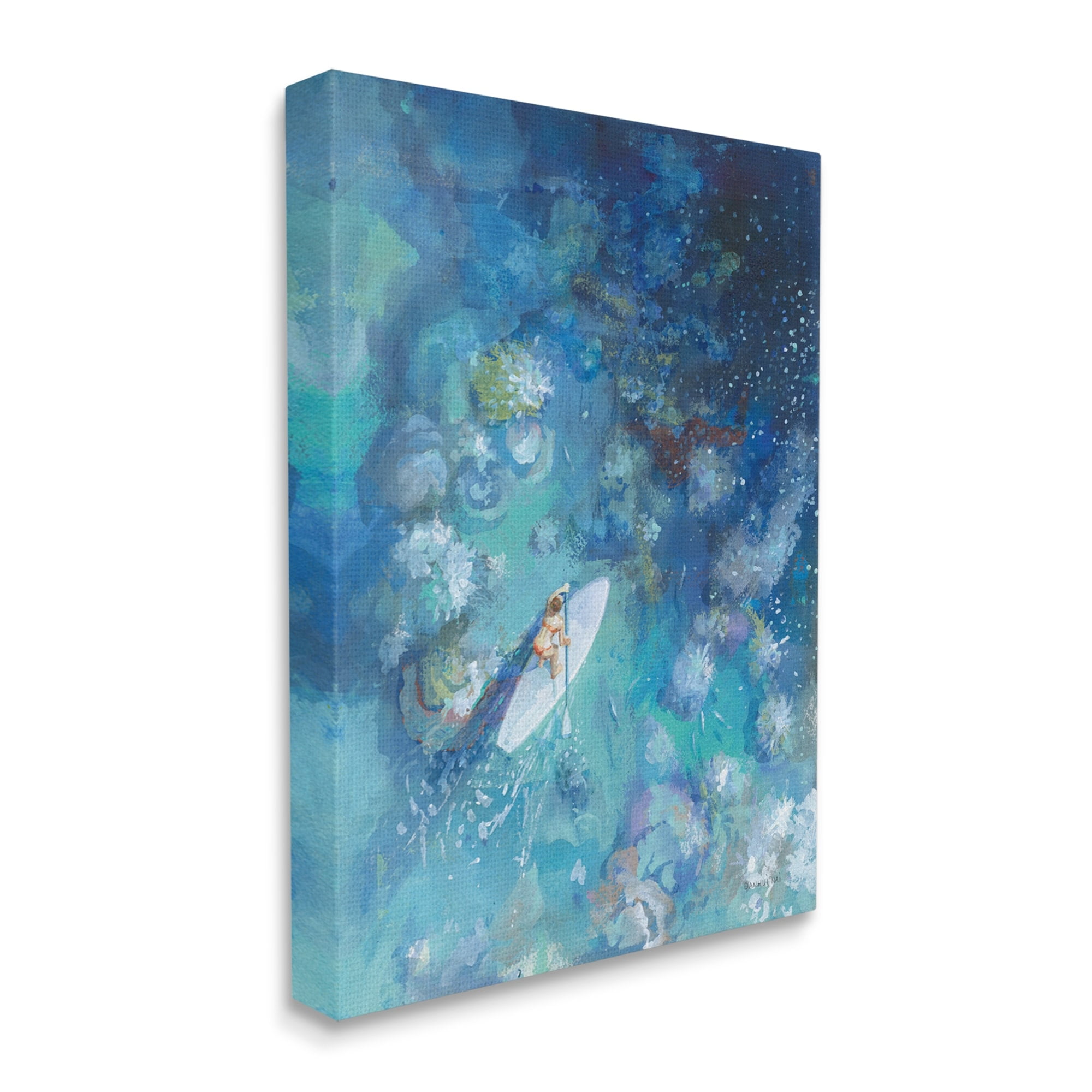 Stupell Industries Paddle Board Ocean Reef Tropical Scene Female Surfer, 24 x 30,Design by Danhui Nai