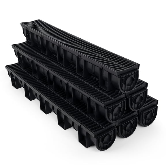 Trench Drain System, Channel Drain with Plastic Grate, 5.9x5.1-Inch HDPE Drainage Trench, Black Plastic Garage and GardenDrain, 6x39 Trench Drain Grate, with 6 End Caps,Convenient Assembly（6 Pack）
