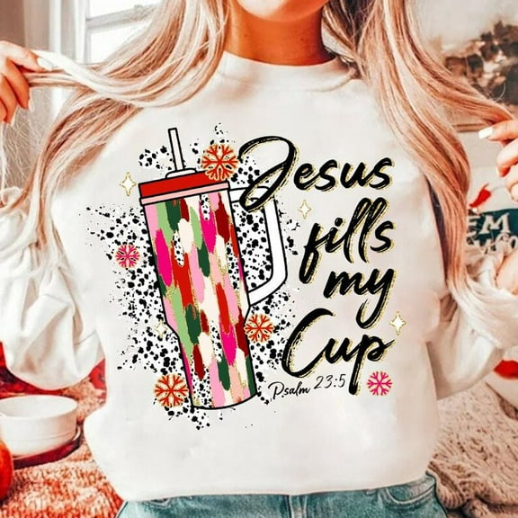 Jesus Fills My Cup Sweatshirt, Colorful Coquette Christmas Shirt with Glitter Cross and Bow, Dalmatian Print Faith SWEAT Sweatshirt, Bright Christian Holiday Top BO120735