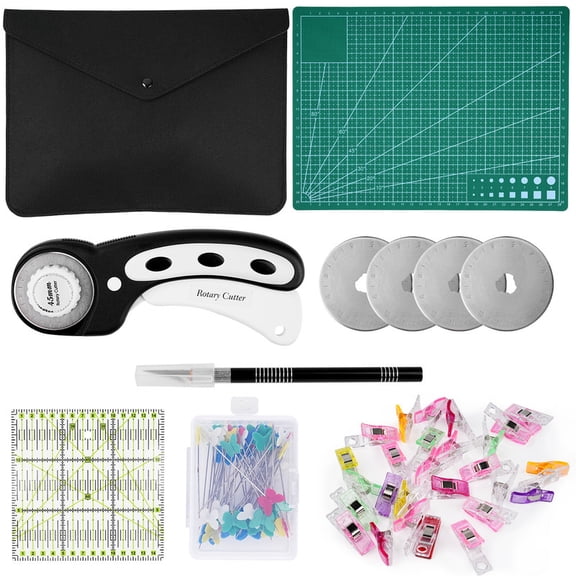 Rotary Cutter Set, Quilting Kit incl. 45mm Fabric Cutter with 5 Extra Blades, A4 Cutting Mat, Craft Knife Set, Ideal for Crafting, Sewing, Patchworking(Black)