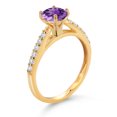 thumbnail image 3 of Gem Stone King 10K Yellow Gold Purple Amethyst and White Lab Grown Diamond Engagement Ring for Women (1.18 Cttw, Gemstone February Birthstone, Round 6MM, Size 8), 3 of 4