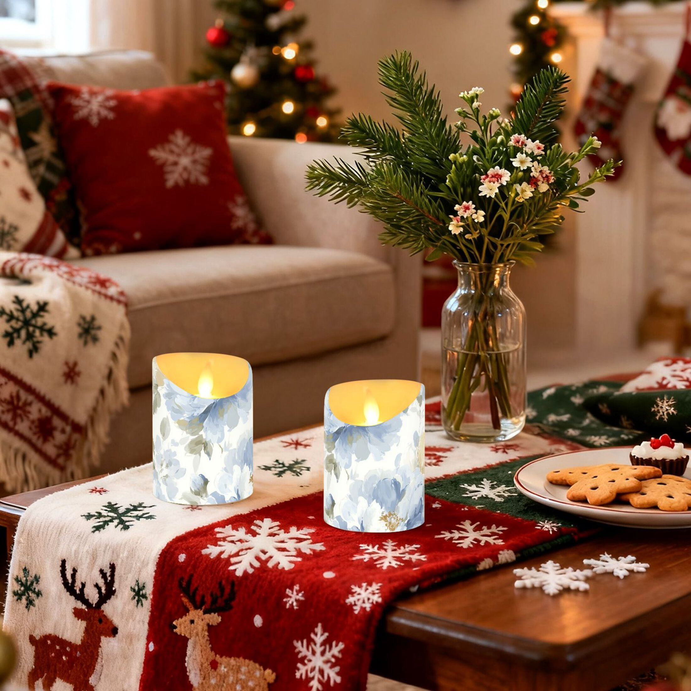 Light Blue and Yellow Flowers Flickering Flameless Candles with Remote Timer Battery Operated LED Tealight Set of 2 M