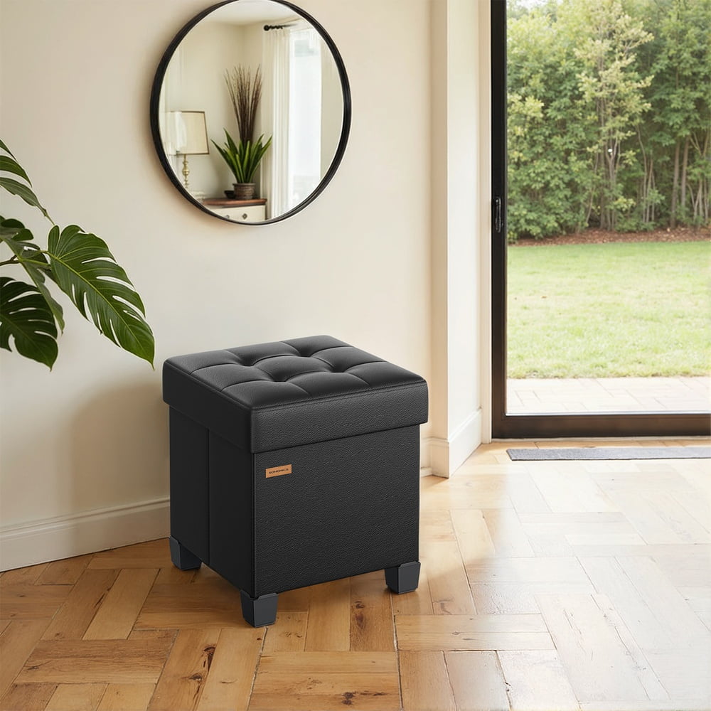 LEDREM 15-Inch Cube Storage Ottoman, 660 lb Capacity Foldable Footrest with 10 Gallon Storage, Synthetic Leather, Ink Black