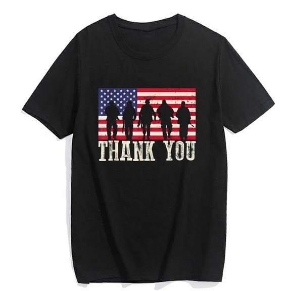 T-shirt for Women and Men Patriotic American Flag Thank You Casual Summer Short Sleeve Top Black 3X-Large