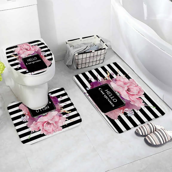 Fashion Perfume Bath Mat Set Black White Stripe Pink Flowers Heeled Women Girls Home Bathroom Decorative Floor Rugs Toilet Cover