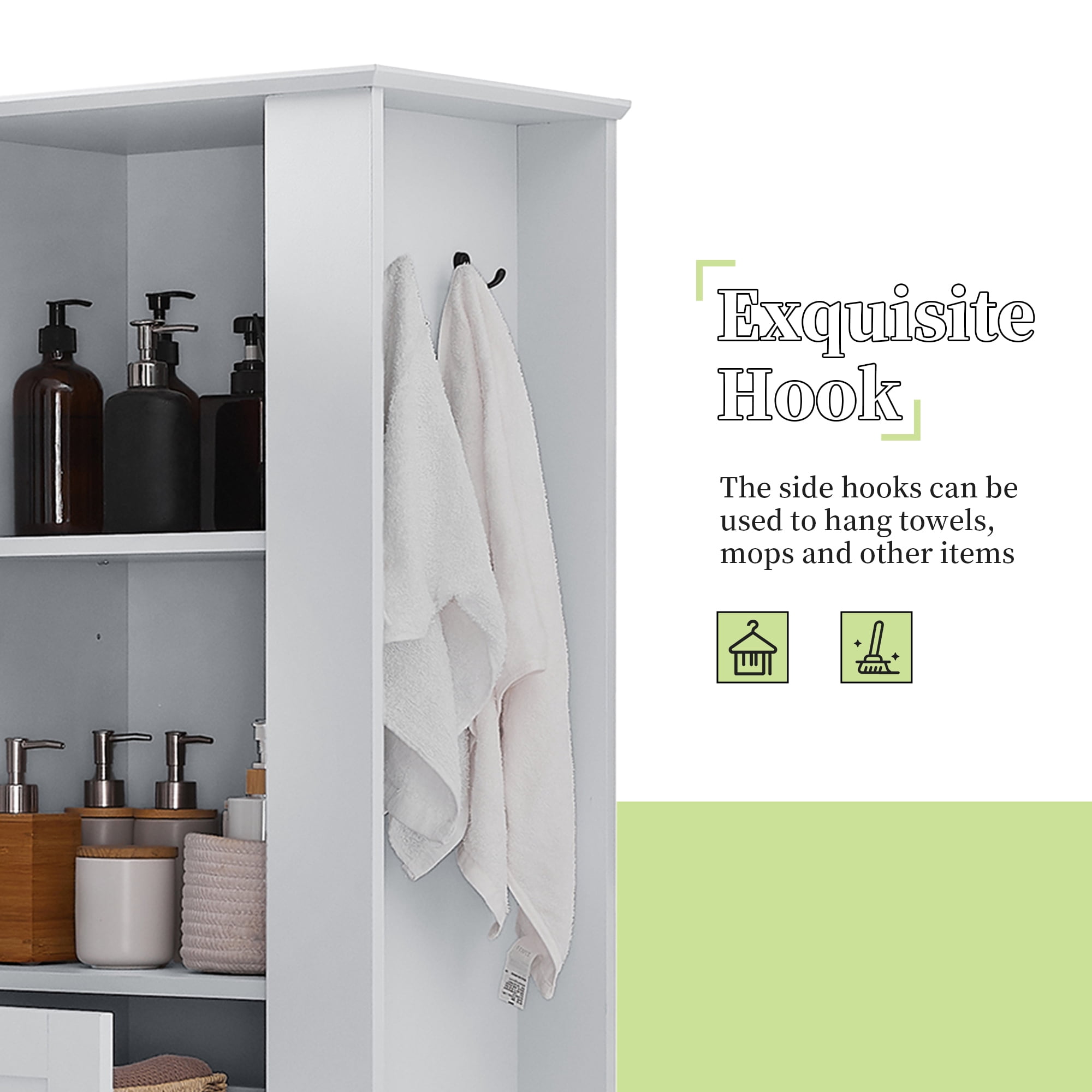 Euroco Tall Bathroom Storage Cabinet with Tilt-Out Hamper, Adjustable Shelves, Soft-Close Hinges, Side Hooks, Modern Slim Linen Tower Organizer