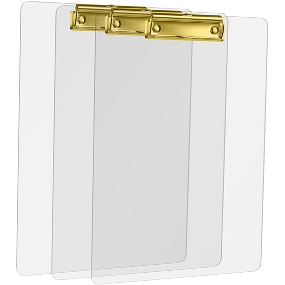 3 Pcs Thick Acrylic Clear Clipboards Cute Transparent Gold Clipboard with Strong Clip and Hidden Hanging Hole for A4 Paper, Art Student, Drawing, Office, School, Warehouse, Classroom,