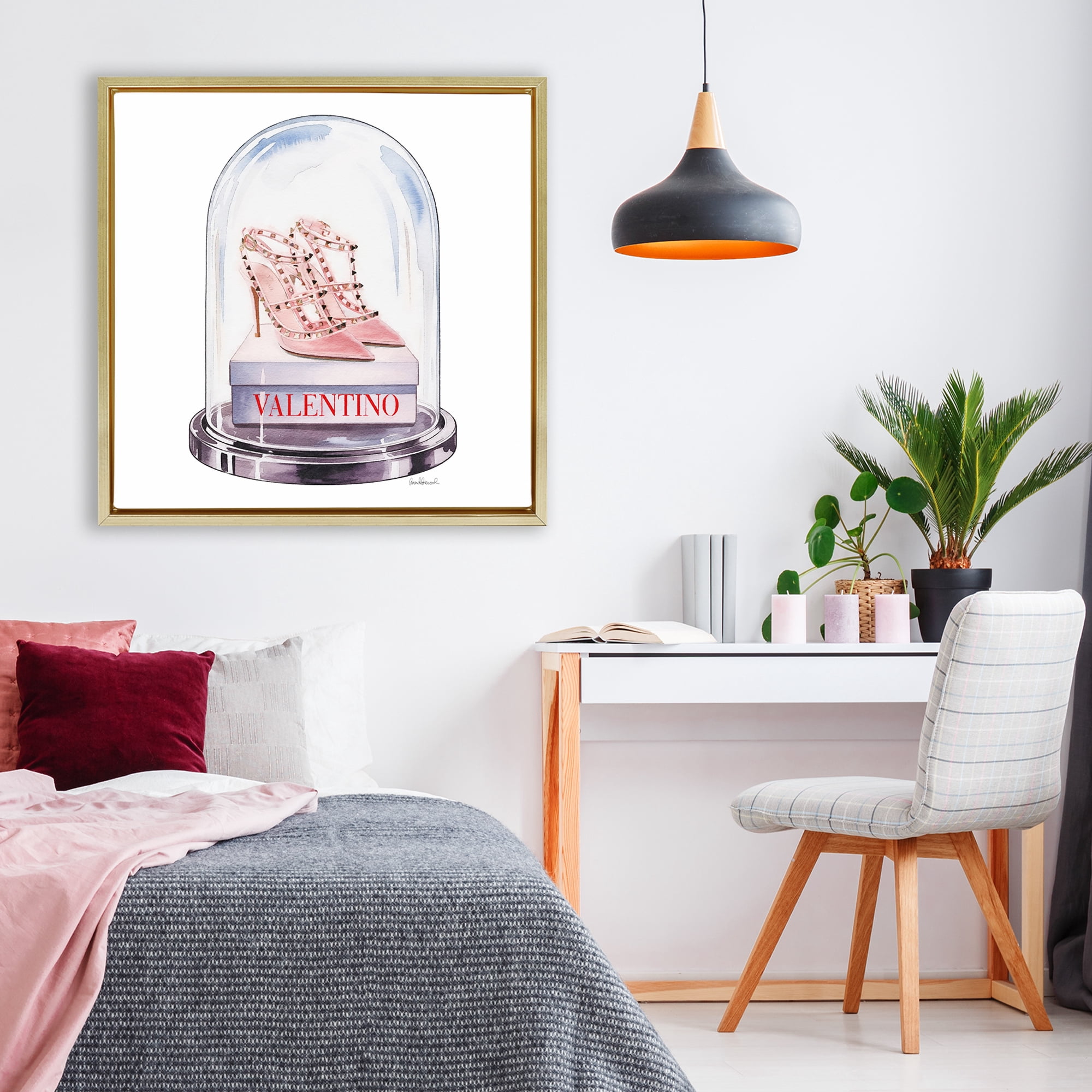 Stupell Industries Pink Heels in Bell Jar Gold Framed Floater Canvas Wall Art, design by Amanda Greenwood