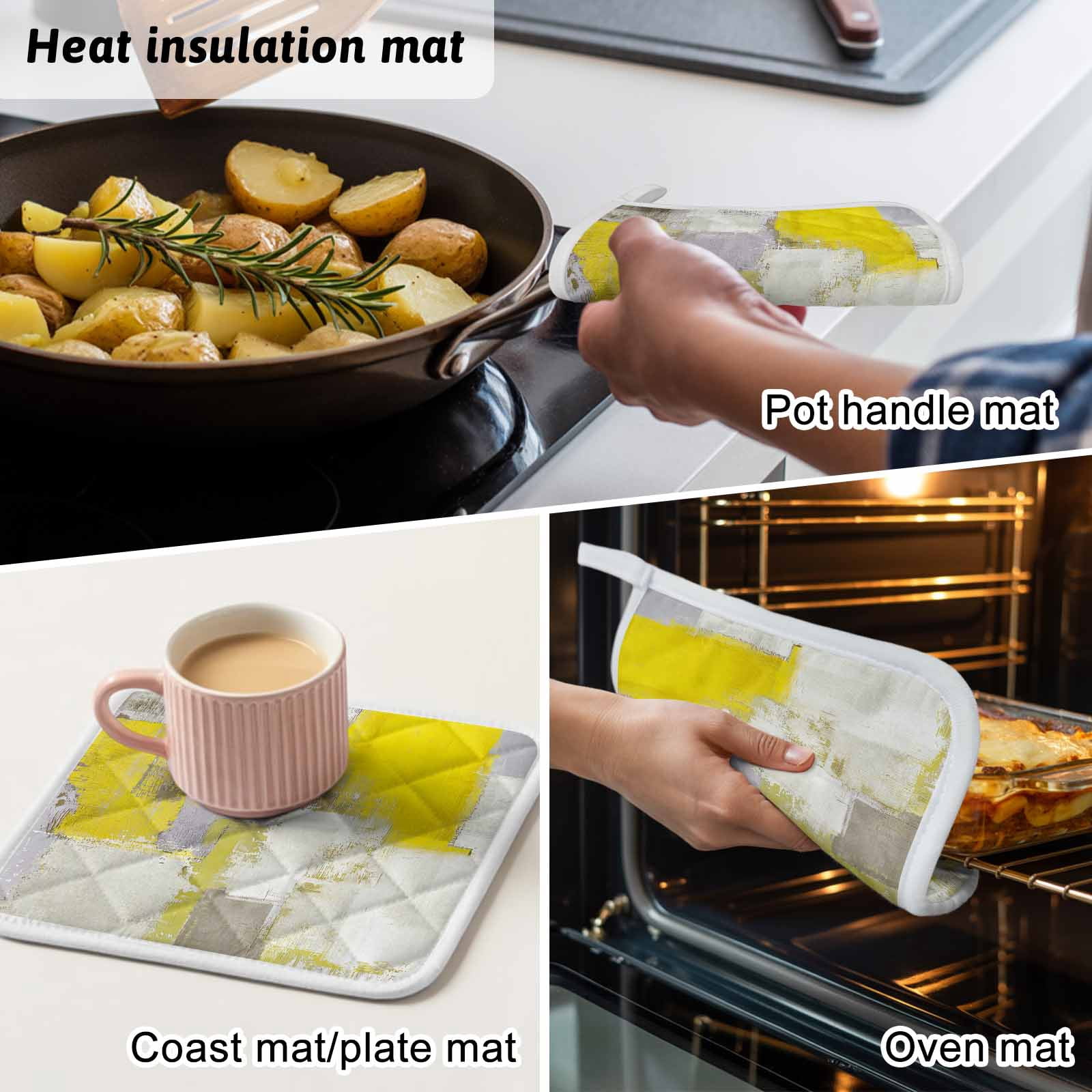 Yellow Pot Holders for Kitchen Heatproof Potholder, 3 Pack Modern Geometric Grey Oil Painting Abstract Hot Pads Multipurpose Oven Pads Cloth Potholders Trivet for Cooking Baking