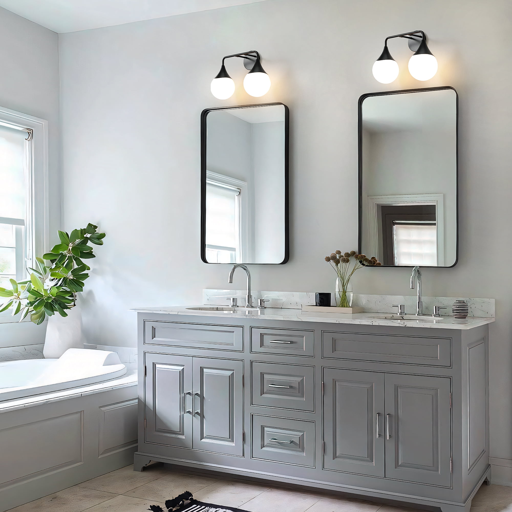 Bathroom Vanity Light 2 Lights Bathroom Lighting Fixtures Over Matte Black Wall Sconces with Frosted Globe Glass for Hallway Restroom